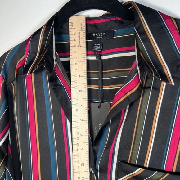 NWT HAVER LONDON Satin Striped V‎ neck Button Up LS Shirt WEAR UNTIED/TIED XS - Picture 6 of 13